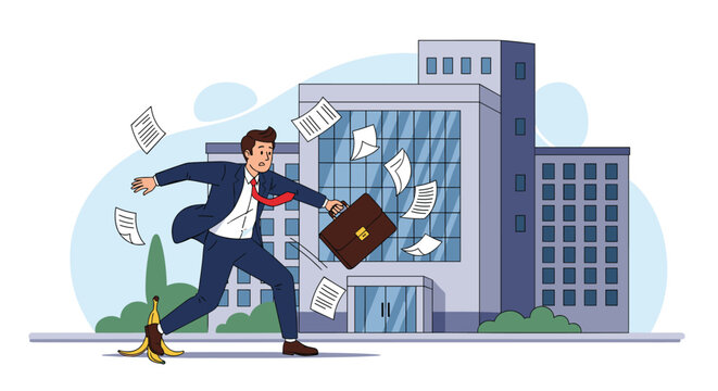 Concerned businessman in a suit tripping on a banana peel and losing his balance in front of an office building.