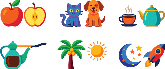 Vibrant flat vector illustration collection with diverse lifestyle themes featuring fresh apples cute pets warm hot drinks tropical beach elements and outer space rocket travel © EdGe Creative