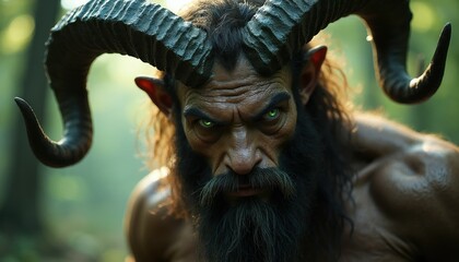 Obraz premium Fierce satyr with large curved horns and green eyes stares intensely from a sunlit forest. Creature has dark beard and muscular build. Mythological being poses menacingly in woodland.