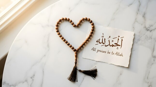 Islamic Concept of Gratitude with Wooden Tasbih Prayer Beads Formed in Heart Shape and Alhamdulillah Calligraphy Note on White Marble Table