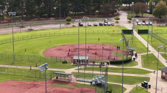 W.C. Johnson Park Baseball-Softball Complex In Collierville, Tennessee, USA - Drone Descending