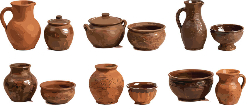 Traditional handmade ceramic tableware set featuring brown glazed pottery kitchenware items old fashioned clay pots pitchers and bowls for antique home decor designs