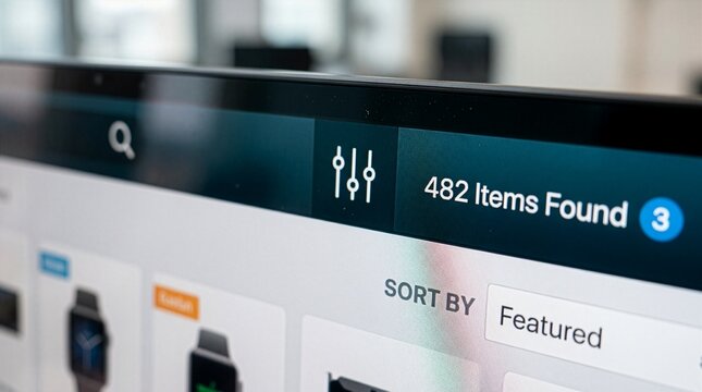 E-commerce interface displaying a search results page with 482 items found, sorted by featured products