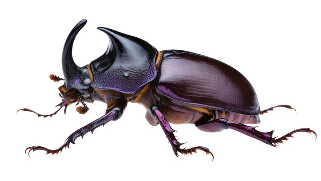 Male Rhinoceros Beetle with Large Horns and Purple Elytra
