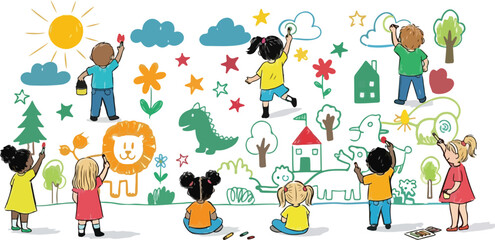 Hand drawn children painting on wall, diverse group of kids drawing colorful murals, creative childhood art activity vector illustration © 爱心binragh