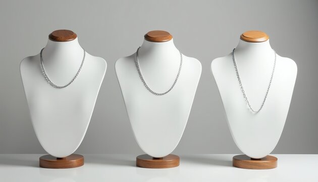 Three white jewelry busts display silver chain necklaces. Each bust has a wooden base and accent. Simple, elegant presentation for retail or studio settings.