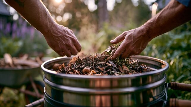 Focused hands placing compostable materials into a stainless steel pyrolysis drum with a dimly blurred wheelbarrow and lush garden in the background emphasizing ecofriendly waste
