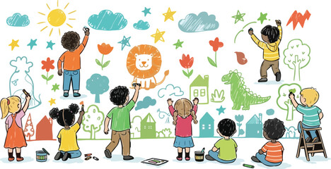 Hand drawn children mural painting vector, diverse kids drawing colorful doodles on wall, creative school art project illustration © 爱心binragh