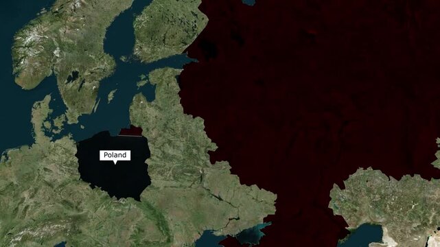 Satellite map animation of the strategic border between Poland and Russia highlighting the Kaliningrad exclave and European security for global news