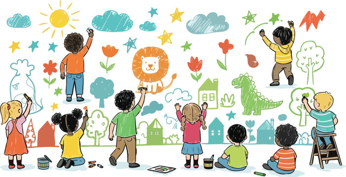 Hand drawn children mural painting vector, diverse kids drawing colorful doodles on wall, creative school art project illustration