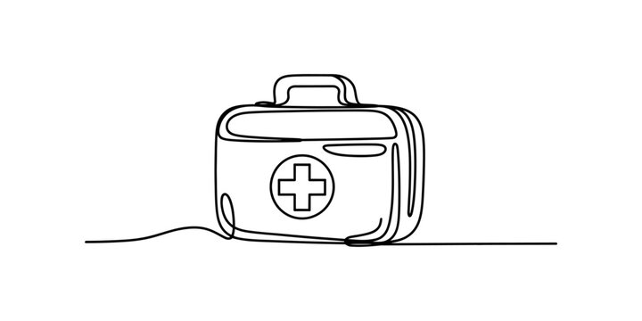 First aid kit icon in continuous line drawing style, medical symbol on bag