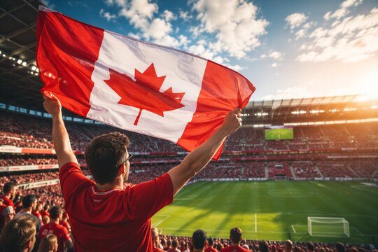 Soccer fan man holding up Canada flag at crowded stadium during professional match. Enthusiastic spectator supporting national team at sports event. Patriotism and sports competition concept