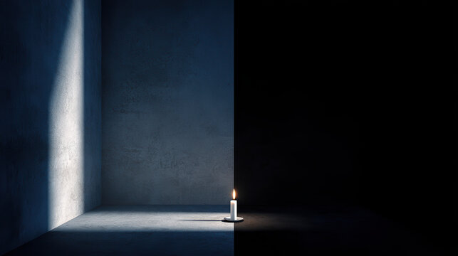 A Single Candle in the Darkness: A lone candle flickers, casting a warm, soft light across a corner of a dimly lit room, starkly contrasted with the deep, engulfing darkness beyond.