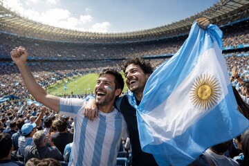 Naklejka premium Two men cheering for Argentina soccer team at stadium. Happy fans waving national flag during football match. Athletic victory and national pride at professional world championship event