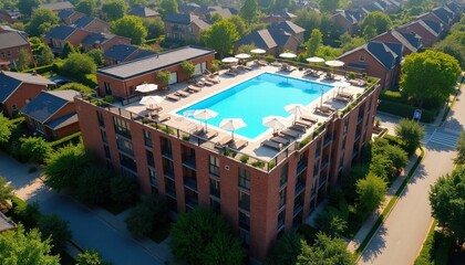 Fototapeta premium Aerial view of brick apartment building with rooftop pool and lounge chairs. People relax in summer sun under umbrellas near blue water. Luxury urban living with resort amenities.