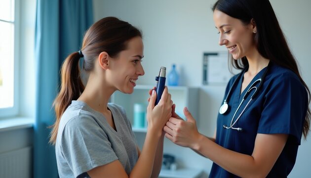 Young woman uses lung function meter. Nurse helps patient with breathing test in clinic. Doctor checks respiratory health. Medical exam for asthma, COPD diagnosis.