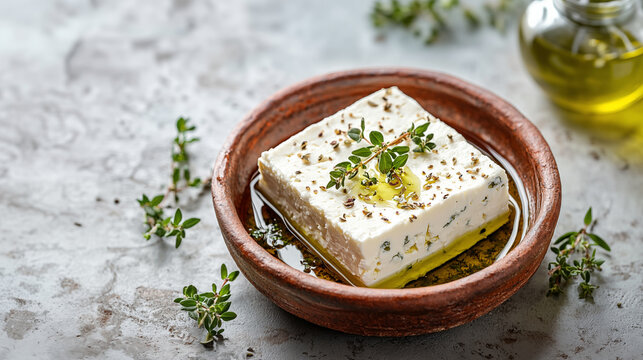 Traditional Greek feta cheese in ceramic bowl