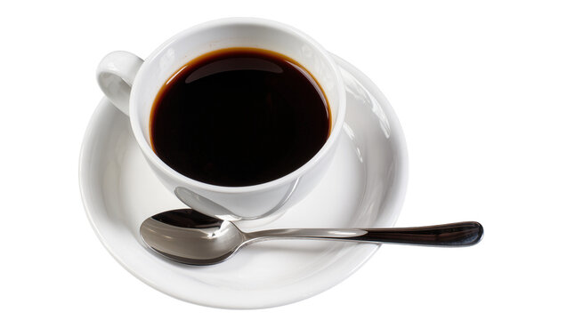 White ceramic cup filled with dark black coffee on saucer with spoon