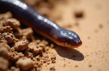 Fototapeta premium Small Brahminy blind snake or worm snake crawls on dry soil. This tiny burrowing reptile has small eyes and dark purple skin. Its body is thin like an earthworm.