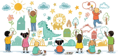 Hand drawn children drawing on wall, diverse kids creating mural with dinosaur and lion, creative childhood education vector illustration © 爱心binragh