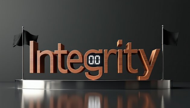 Wooden word integrity stands on mirrored base with digital clock showing 00 00. Two black flags flank the installation. Symbol of honesty and truth.