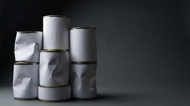 Stack of dented metallic canned food with blank white paper labels on dark background, concept of food waste and grocery supply chain