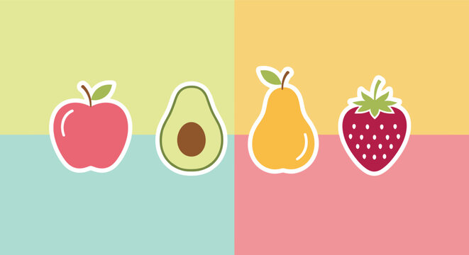 Set of four colorful fruit and vegetable stickers featuring apple avocado pear and strawberry icons on a pastel grid background.