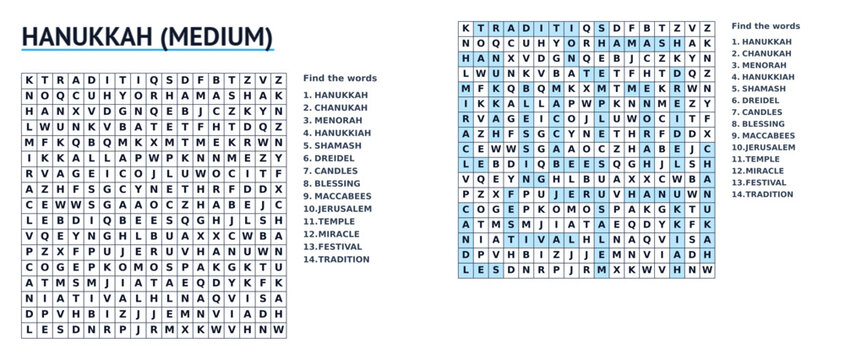 Hanukkah Day Word Search Puzzle Sheet with highlighted words and hints for children and adults, MEDIUM level