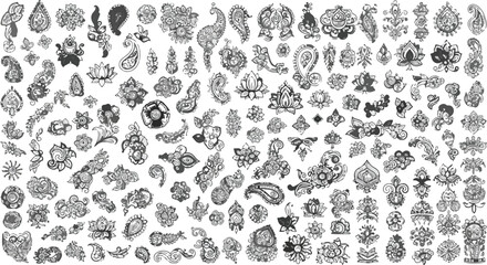 Henna paisley vector set, traditional Indian mehndi floral ornaments, black and white ethnic boho decorative elements for wedding design © 爱心binragh