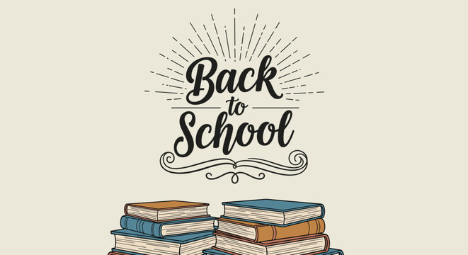 Vintage back to school poster design featuring a tall stack of colorful old books and stylized text with sunburst lines.