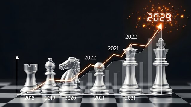 Chess pieces represent business growth strategy from 2018 to ambitious 2029 goals