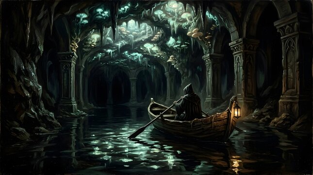 Mysterious Cloaked Boatman Lantern Enchanted Underground River Cave, Bioluminescent Fantasy RPG Game Background Book Cover Art.