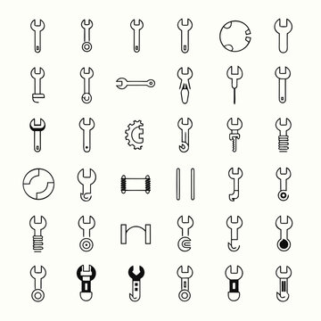 Minimalist set of black and white hand tools and wrenches icon collection