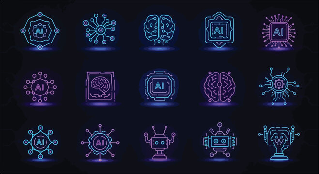 Artificial intelligence neon icons set, 15 futuristic AI technology line symbols, glowing blue and purple neural network and robot vector elements