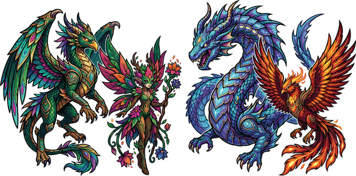 Vibrant fantasy creature vector sticker set featuring a winged green gryphon dragon, forest fairy pixie, serpentine blue water dragon, and fiery red phoenix bird,