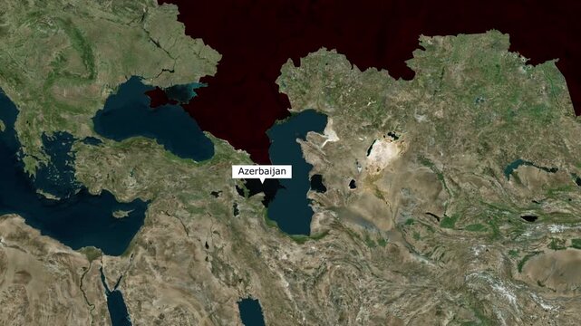 Satellite map animation of the border between Russia and Azerbaijan highlighting the Caucasus region and Caspian Sea geopolitics for global news