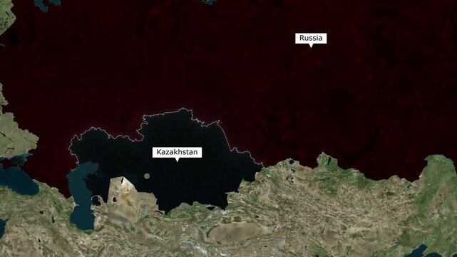 Satellite map animation of the massive border between Russia and Kazakhstan highlighting Central Asian geopolitics and Eurasian steppes for news broadcast