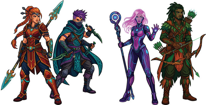 Vibrant fantasy RPG character vector sticker set featuring female spear warrior, dual dagger rogue assassin, magical pink sorceress mage, and green forest archer ranger,