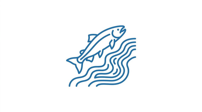 Line art illustration of a salmon jumping over waves in a river.