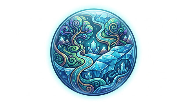 Magical fantasy world inside a crystal orb with swirling trees and rivers.