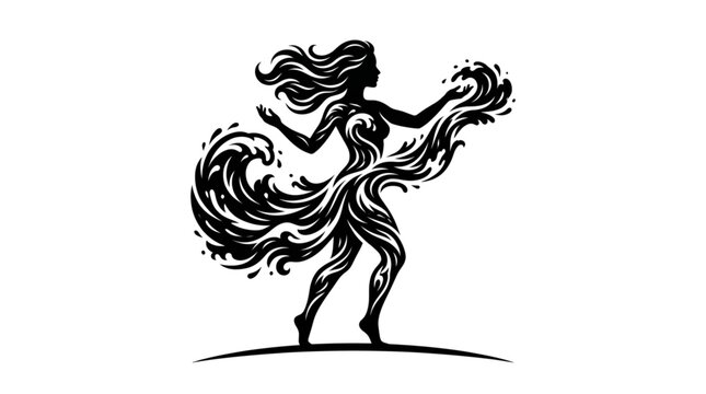 silhouette of a mythical water goddess or ocean nymph creating majestic sea waves