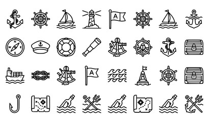 Nautical Black Line Icons with Maritime Sailing and Navigation Symbols © MdShojib