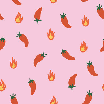 Fire Chilli Peppers - Seamless Surface Pattern Design on Pink Background