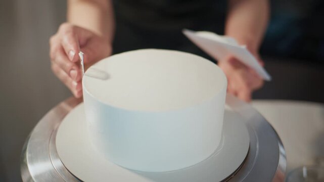 Close-up of hands smoothing white frosting on cake. Cake spins on turntable. Person focused, precise, calm. Ideal for baking, dessert, or celebration projects. Professional bakery or tutorial use