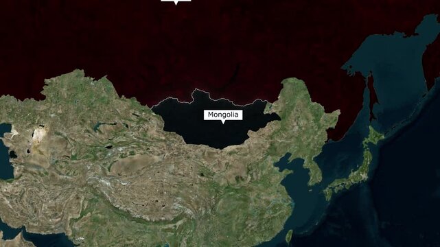 Satellite map animation of the border between Russia and Mongolia highlighting the Eurasian steppes and landlocked geopolitics for news broadcast