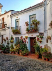 Fototapeta premium White building adorned with vibrant potted flowers on cobblestone street