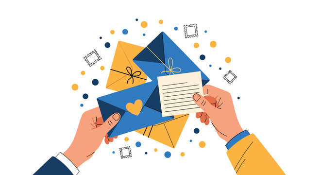 Two hands sorting through blue and yellow envelopes with heart stamps representing personal mail communication and romantic letters.