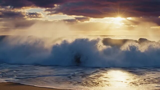 Epic ocean wave crashing on a sandy beach at sunset, dramatic and powerful display of nature