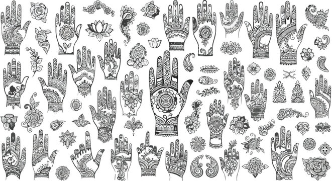 Henna mehndi hand vector set, intricate mandala floral tattoo designs, traditional indian ethnic body art elements, black line hamsa illustrations
