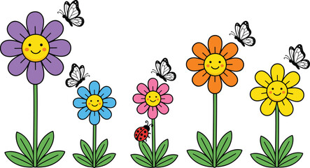Cute smiling spring flower collection set with happy cartoon blossoms butterflies and ladybug vector border. © Mst Fateha Begum